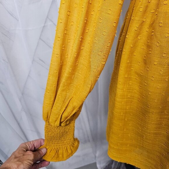 Tularosa Mustard Peasant Blouse Swiss Dot Ruffle Smocked Tunic Boho S - Picture 3 of 15